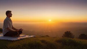 estudiante de yoga practicando Dinacharya, consentrado por la mañana al amancer, el ambiente refleja la tranquiliad y la calma interior.