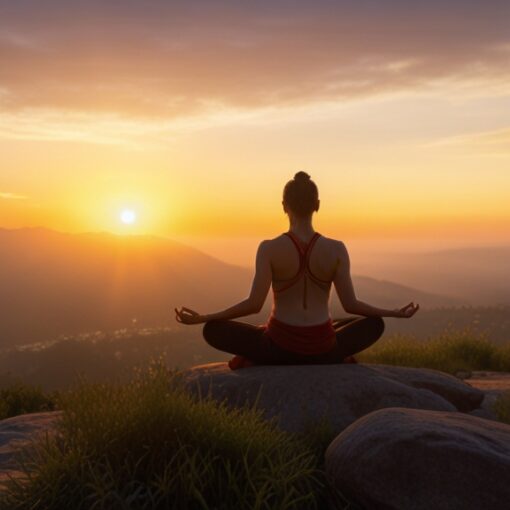 estudiante de yoga practicando Dinacharya, consentrado por la mañana al amancer, el ambiente refleja la tranquiliad y la calma interior.