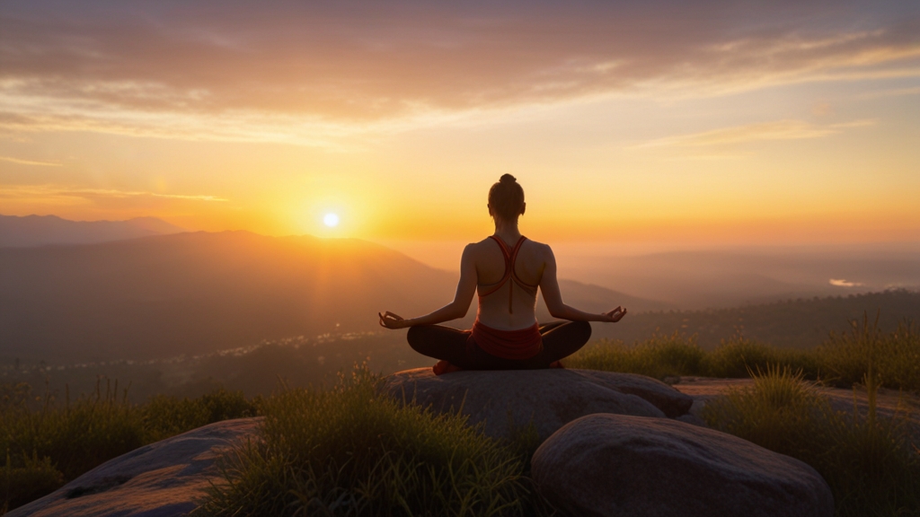 estudiante de yoga practicando Dinacharya, consentrado por la mañana al amancer, el ambiente refleja la tranquiliad y la calma interior.